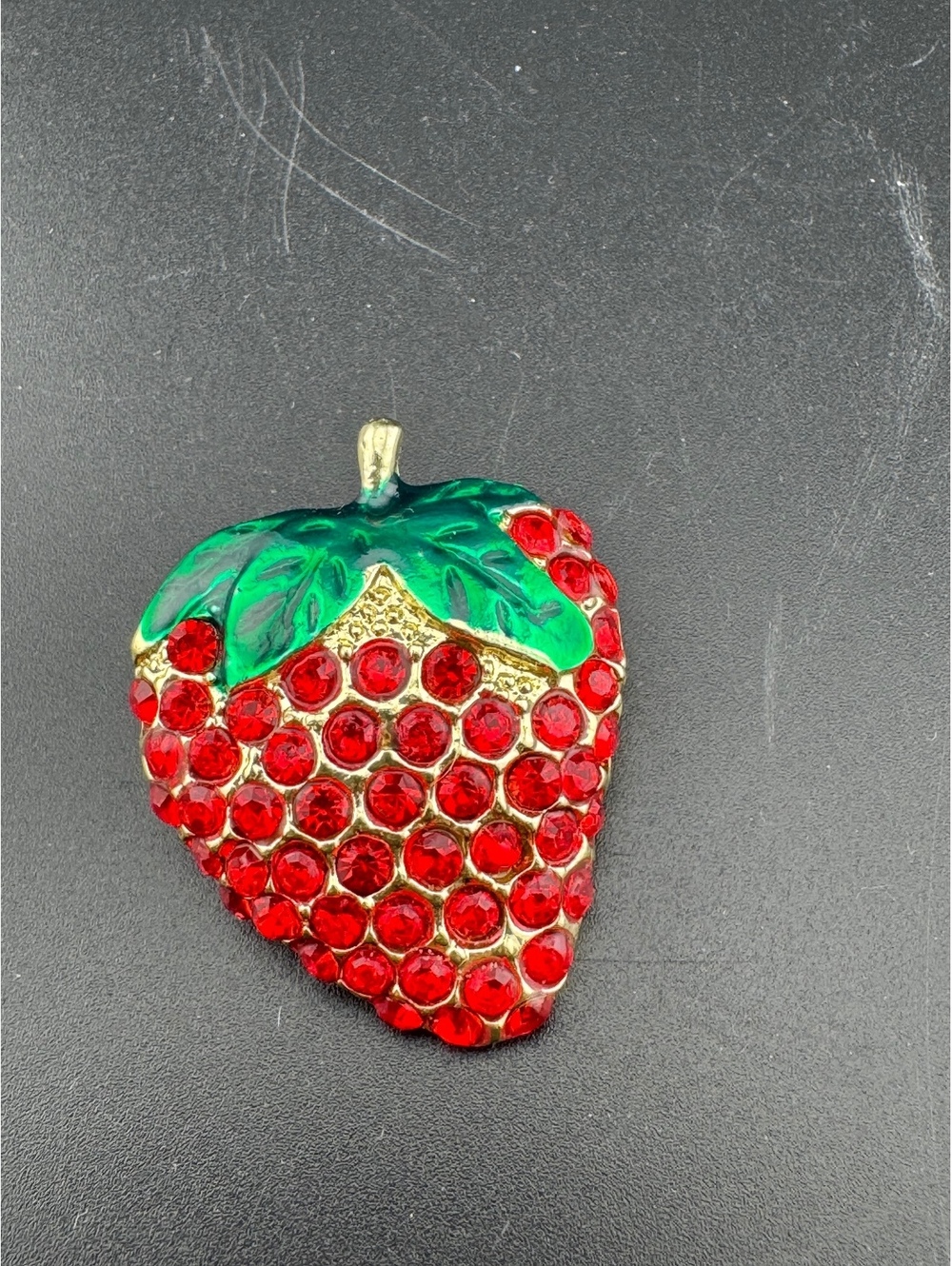 Strawberry Shaped Red Rhinestone Brooch Pin with Green Leaf